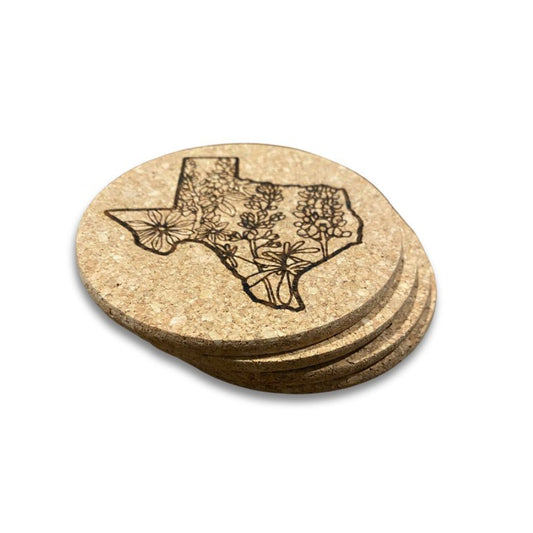 Engraved Cork Coasters  (State of Texas with Bluebonnets) - Set of 4 - Texas Cork Company
