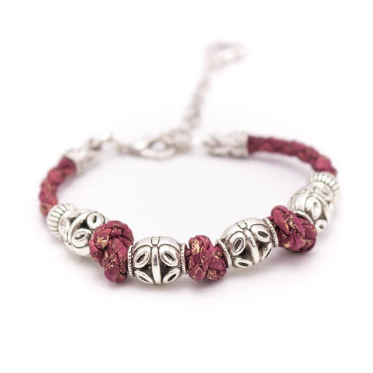 Maroon Braided Cork Bracelet with Antiqued Silver Beads -DBR-0028 - Texas Cork Company