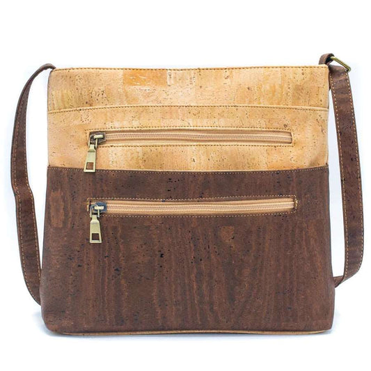 Front view of natural and brown Two-Toned Cork Crossbody with Large Slip Pocket -BAGP-050-B - Texas Cork Company