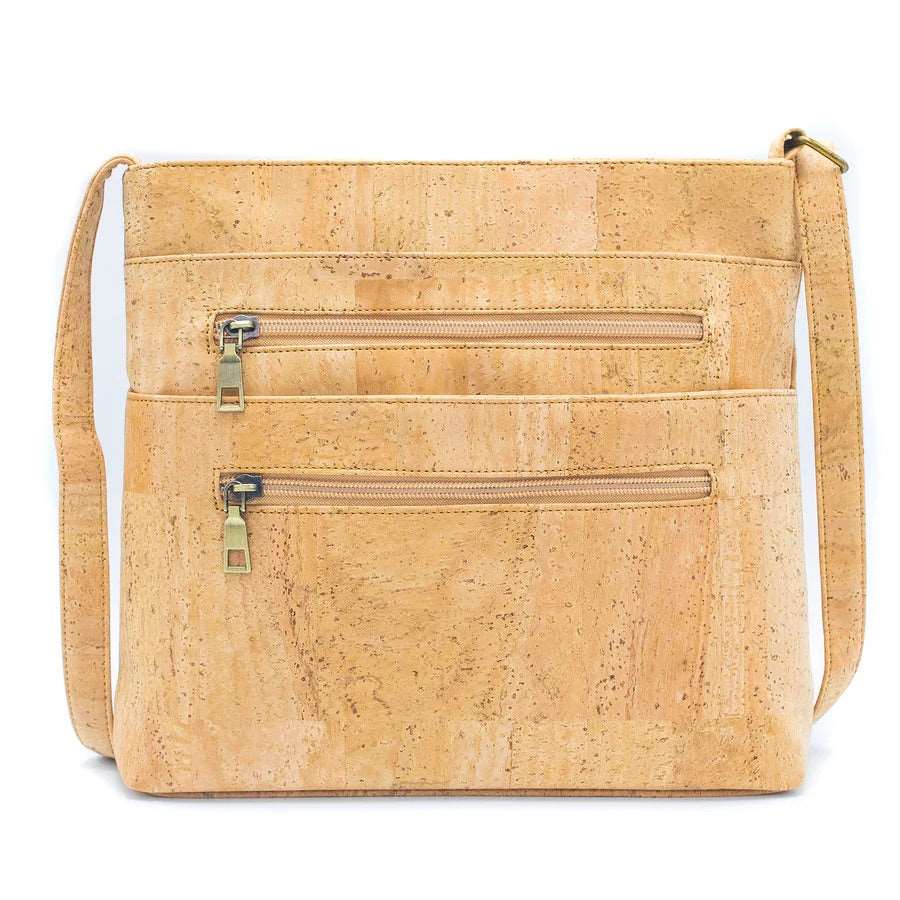 Front view of all natural Two-Toned Cork Crossbody with Large Slip Pocket -BAGP-050-A - Texas Cork Company