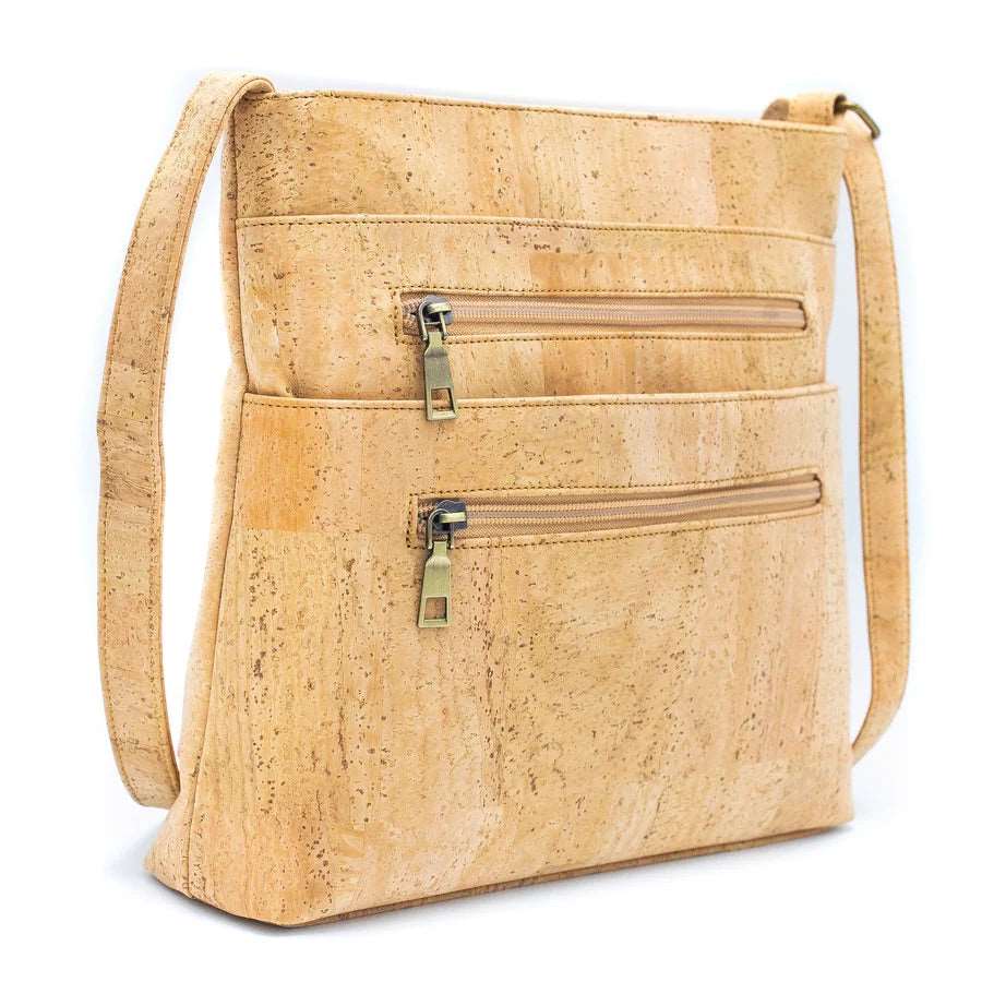 Side view of all natural Two-Toned Cork Crossbody with Large Slip Pocket -BAGP-050-A - Texas Cork Company