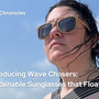 Woman wearing cork and bamboo Wave Chasers sunglasses at the beach