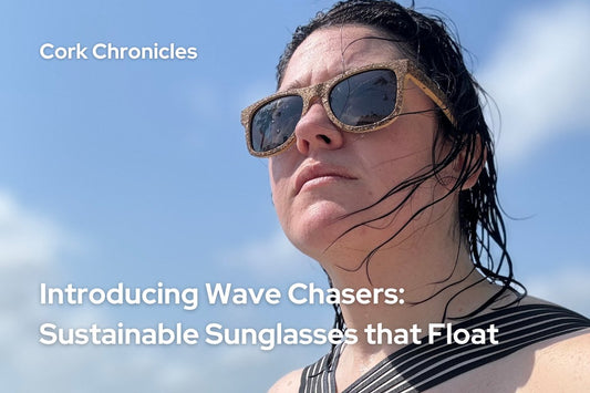 Woman wearing cork and bamboo Wave Chasers sunglasses at the beach