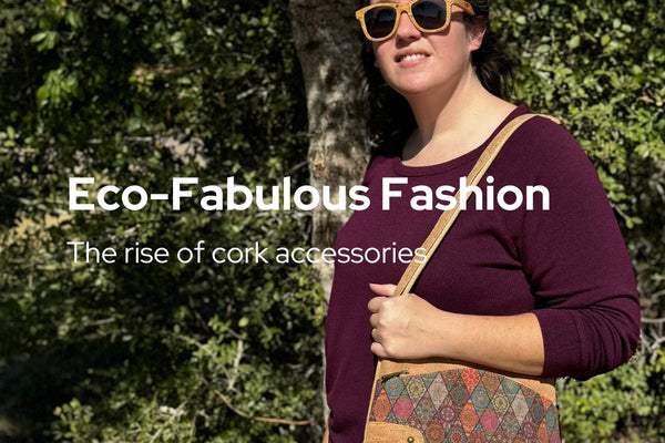 Woman carrying eco-fashion accessories: cork bag and wearing floating cork sunglasses.