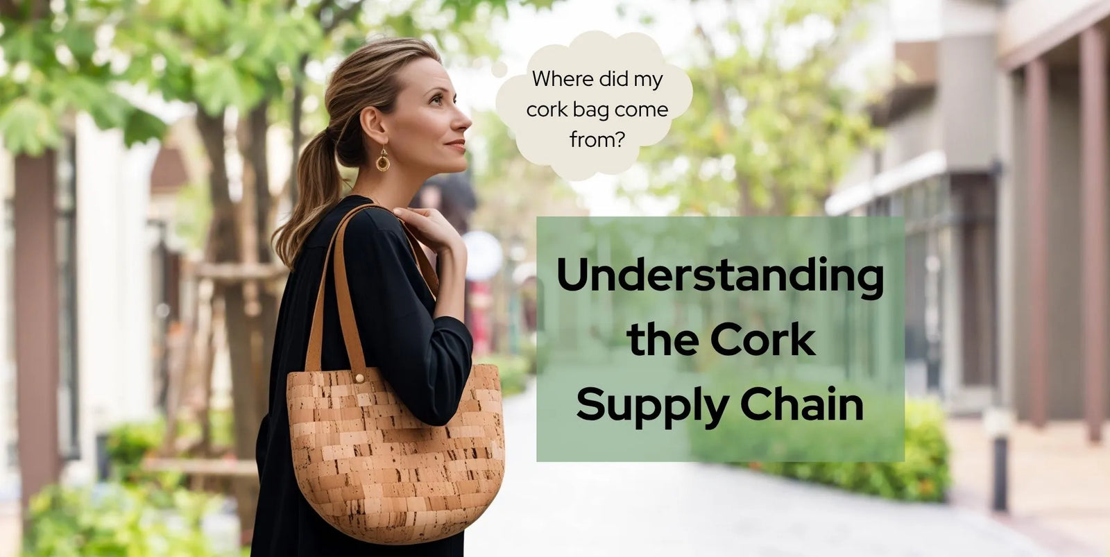 Woman holding cork shoulder bag asking herself where my cork bag came from.