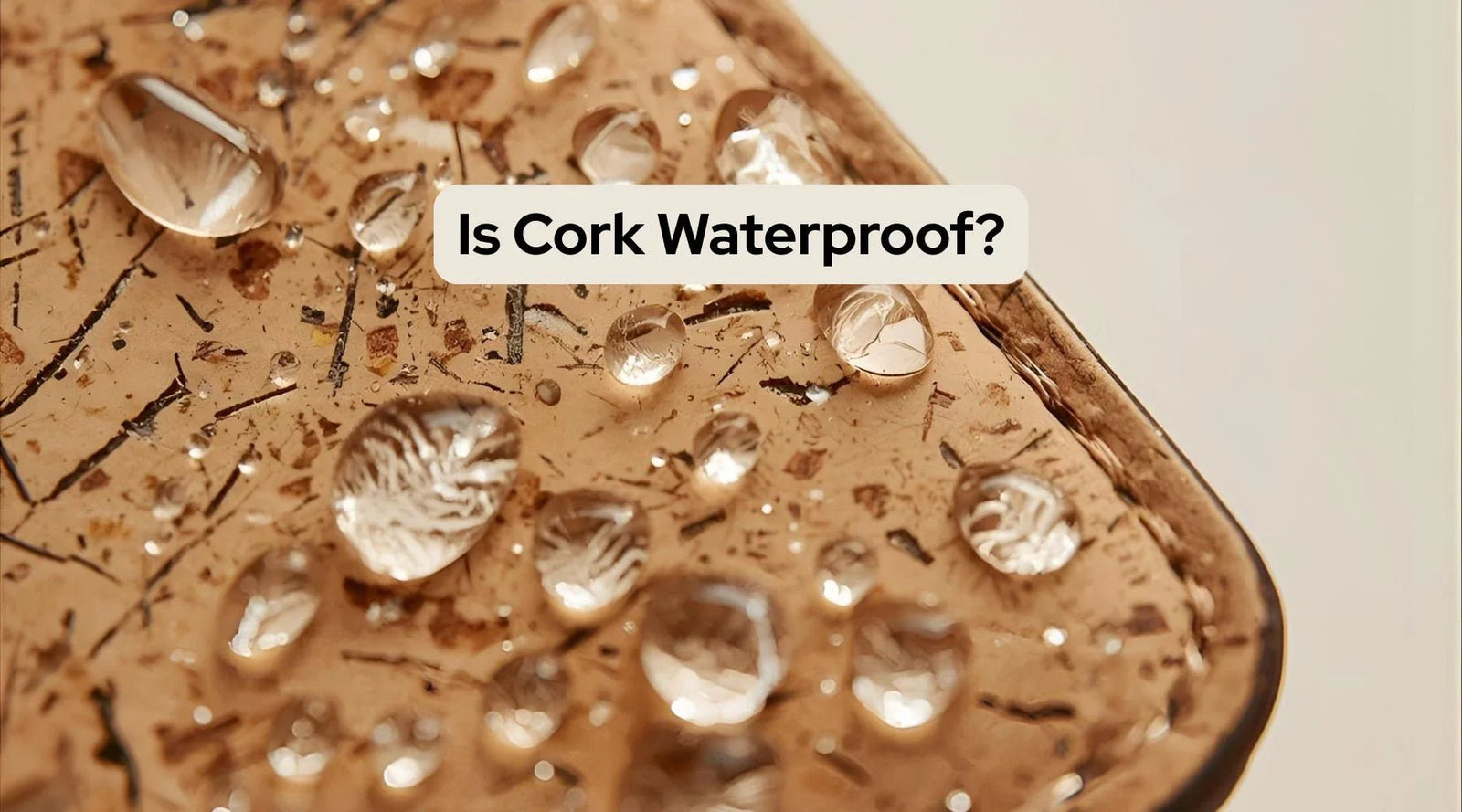 Water droplets on cork wallet with text that says "Is Cork Waterproof?"