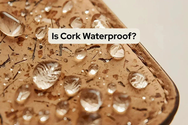 Water droplets on cork wallet with text that says "Is Cork Waterproof?"