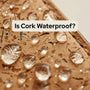 Water droplets on cork wallet with text that says 