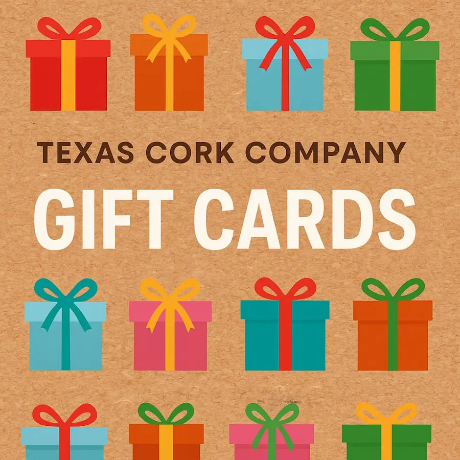 Promotional picture for Gift Cards - colorfully wrapped boxes on cork background.
