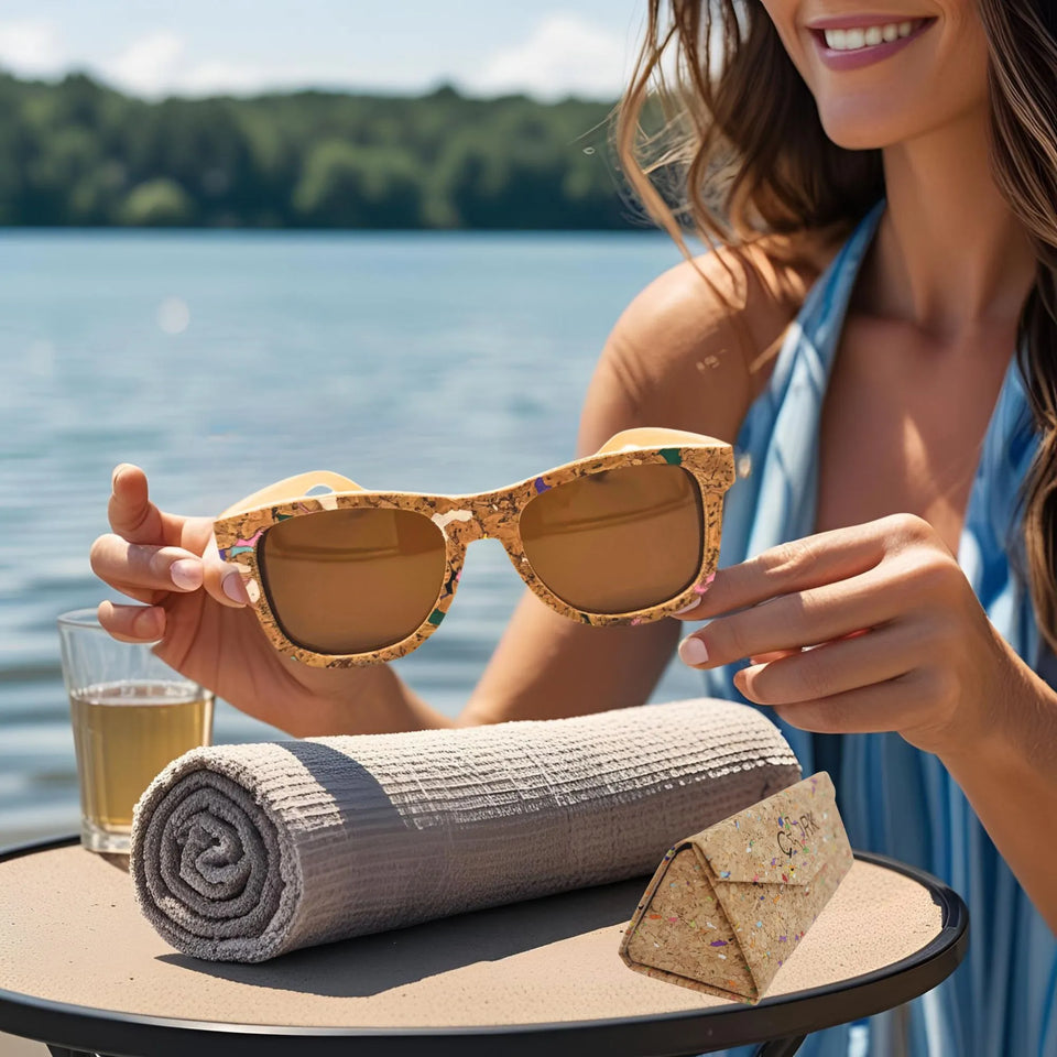 Cork & Bamboo Sunglasses and triangular hard glasses case.