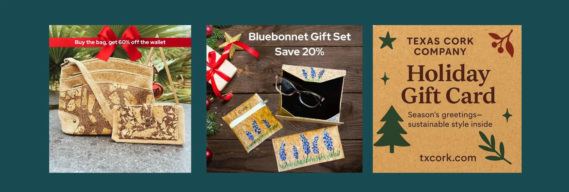  Three holiday gift images from Texas Cork Company, Bluebonnet Gift Set, Arlington Crossbody and matching wallet, and a holiday gift card. 