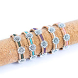 Display of all variations of cork bracelet with chrysanthemum accents from Texas Cork Company