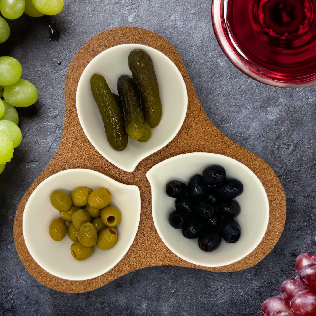 Triple Appetizer Platter with 3 ceramic cups holding green olives, black olives, and cornichons