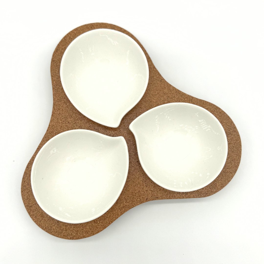Front view of Triple Appetizer Platter with 3 white ceramic cups