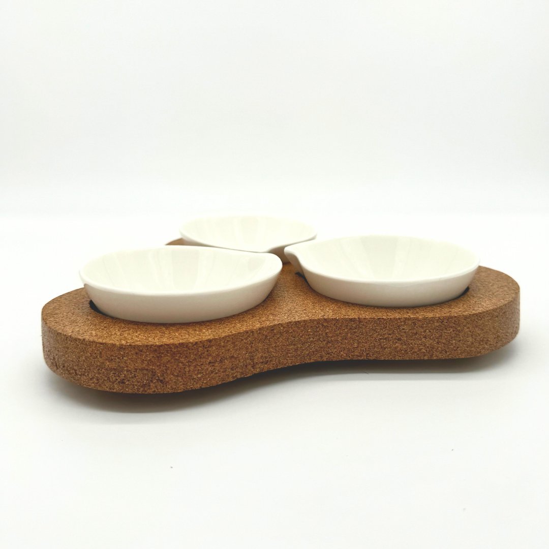 Side view of Triple Appetizer platter with 3 white ceramic cups