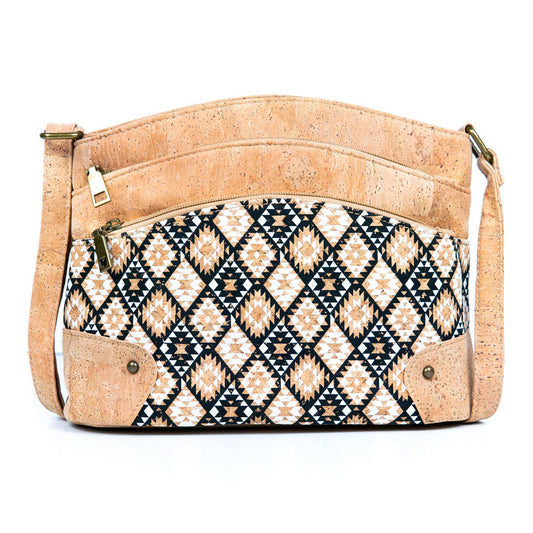 Aztec pattern of Eco Chic Three-Line Zipper Cork Crossbody from Texas Cork Company