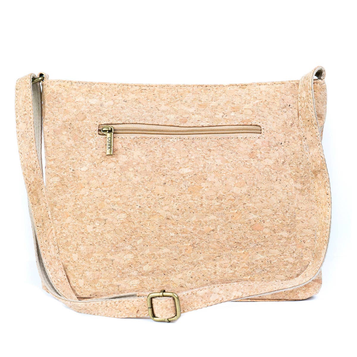 Back view of Natural Cork Women’s Crossbody shows zip pocket in back.