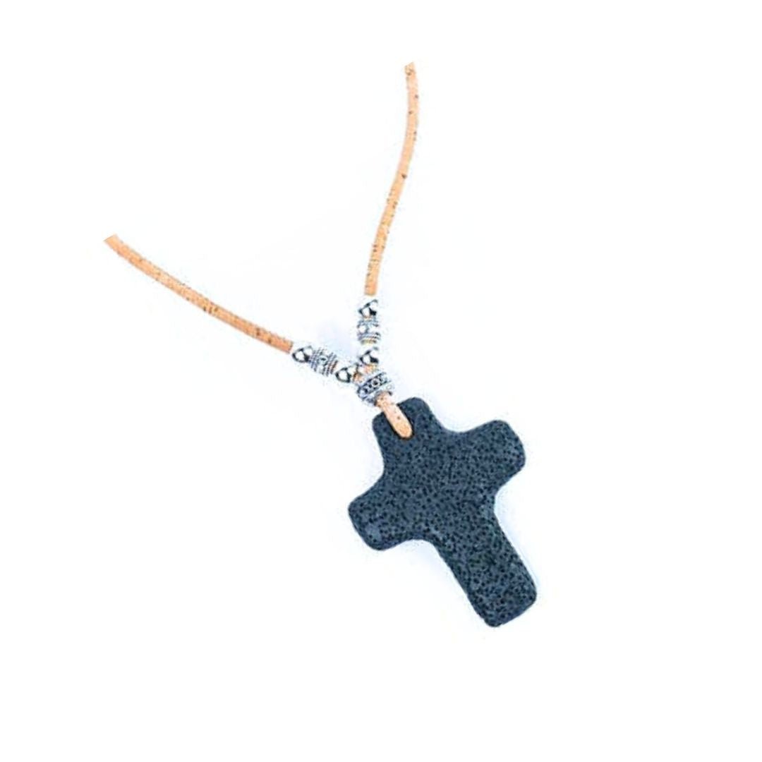 Black volcanic stone cross on handmade cork necklace from Texas Cork Company