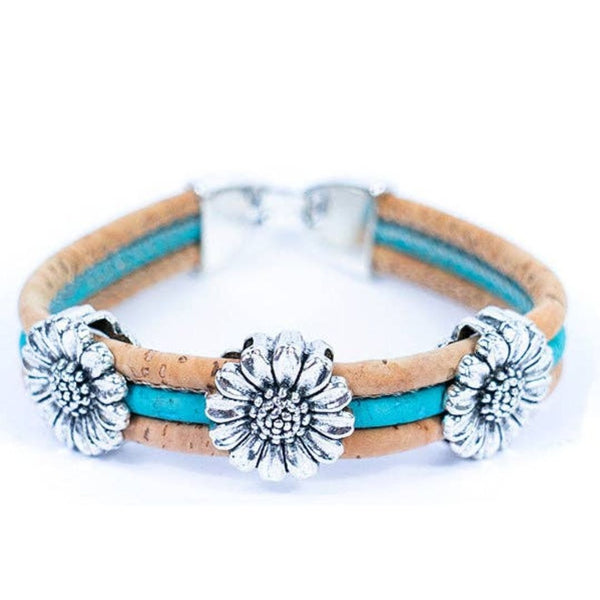 Front of blue cork bracelet with chrysanthemum accents from Texas Cork Company