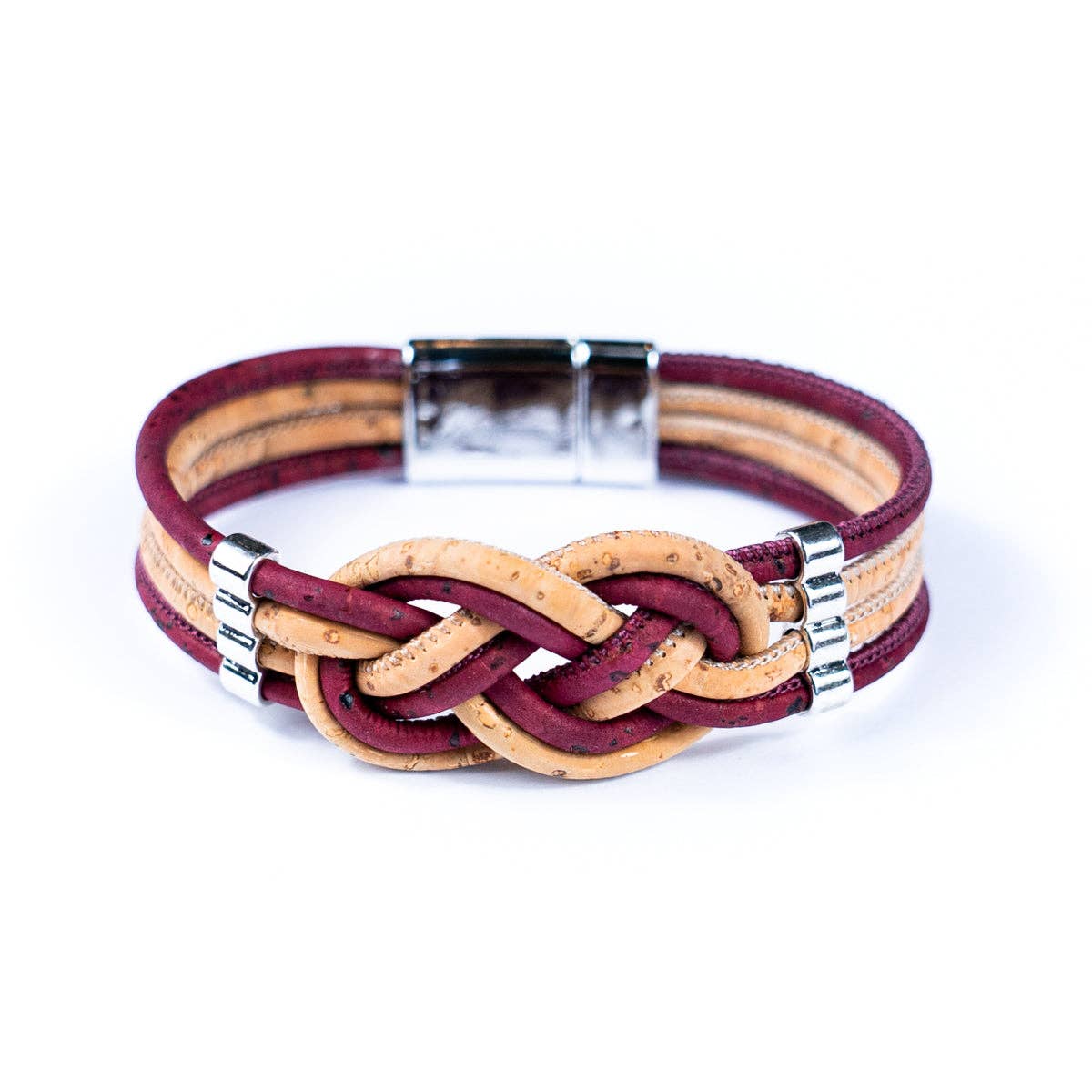 Front of Burgundy Double Twist Natural Cork Bracelet from Texas Cork Company