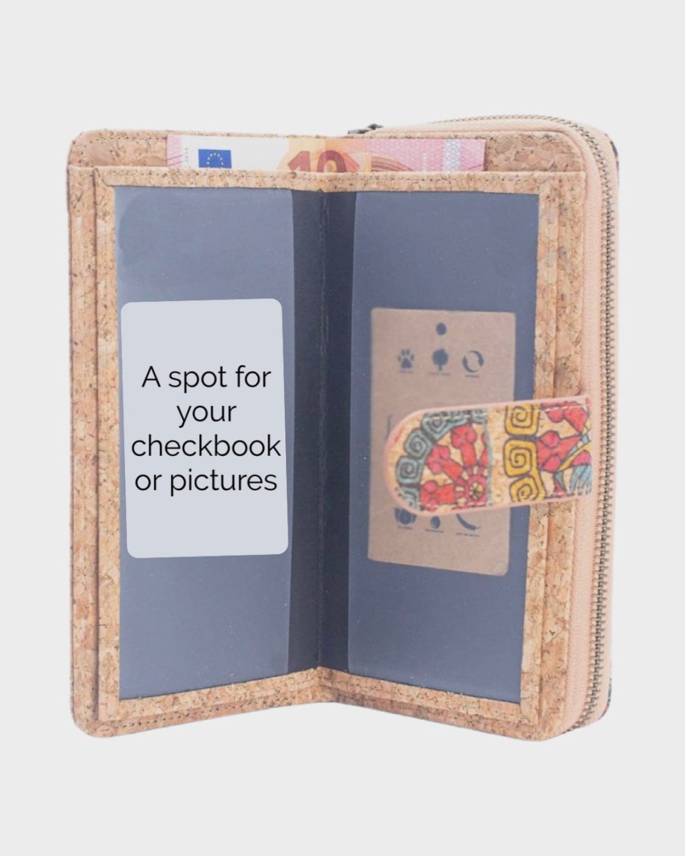 Checkbook section of Long Natural Cork Women's Printed Wallet with Card Holder from Texas Cork Company