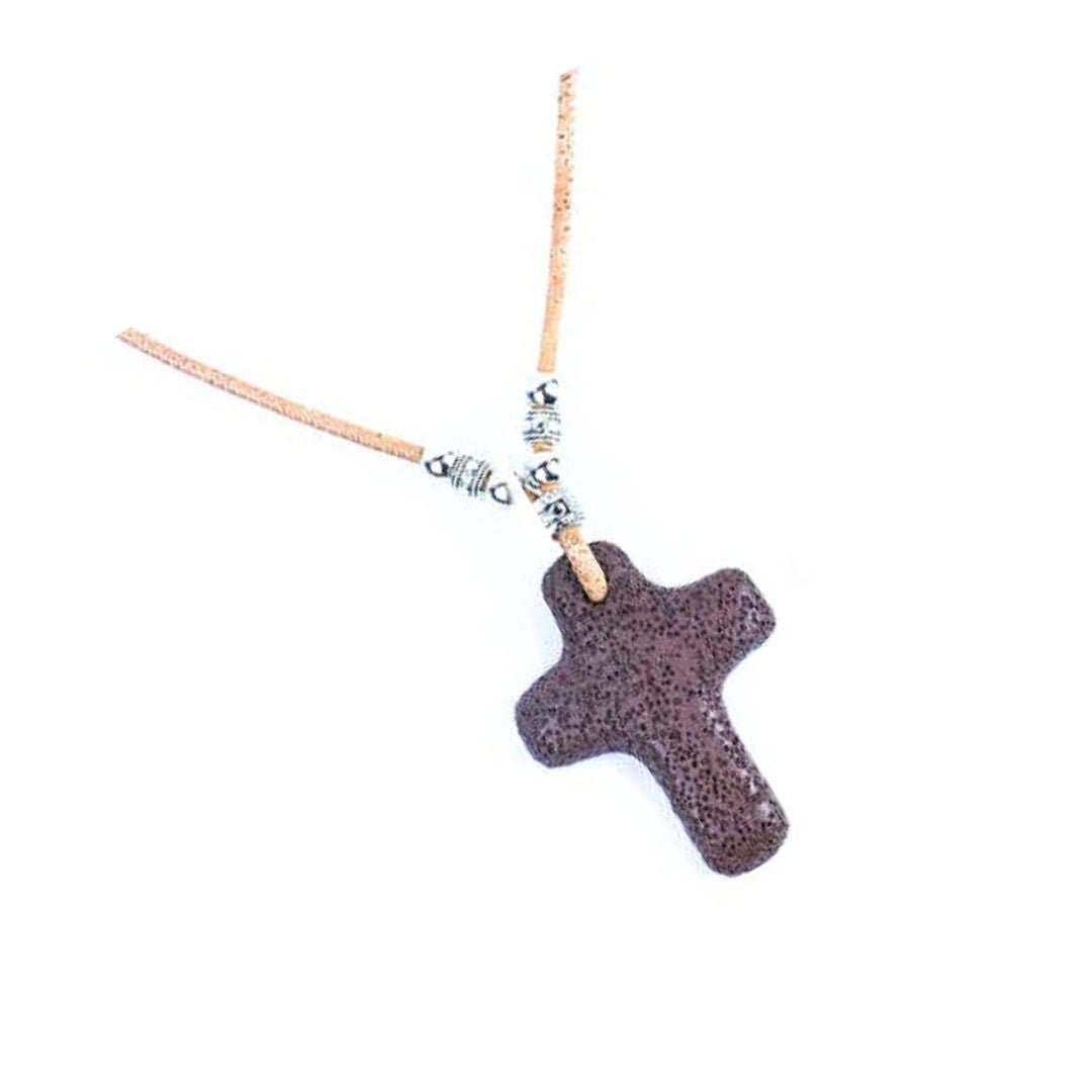 Clay volcanic stone cross on handmade cork necklace from Texas Cork Company