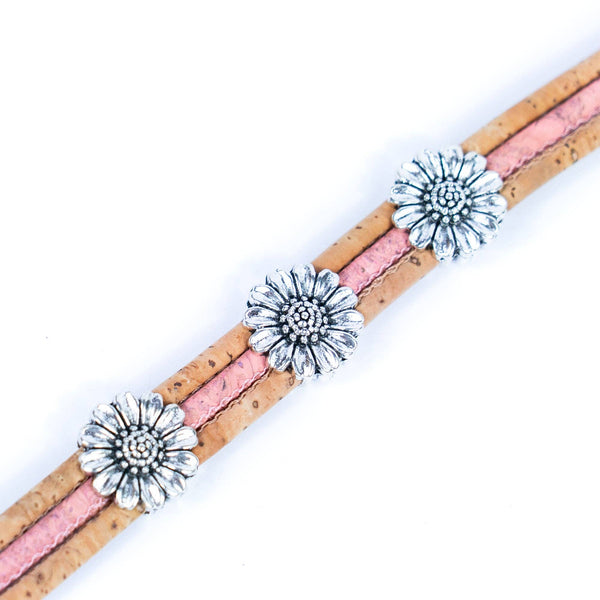 Close up of cork bracelet with chrysanthemum accents from Texas Cork Company