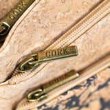 Closeup of zippers on three-line zipper cork crossbody bag from Texas Cork Company