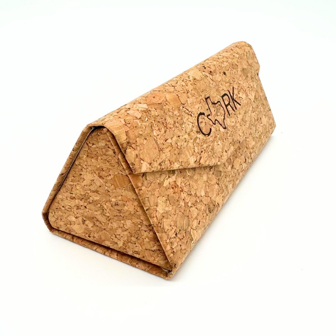 Cork leather glasses case in the plain aggregate fully unfolded by Texas Cork Company