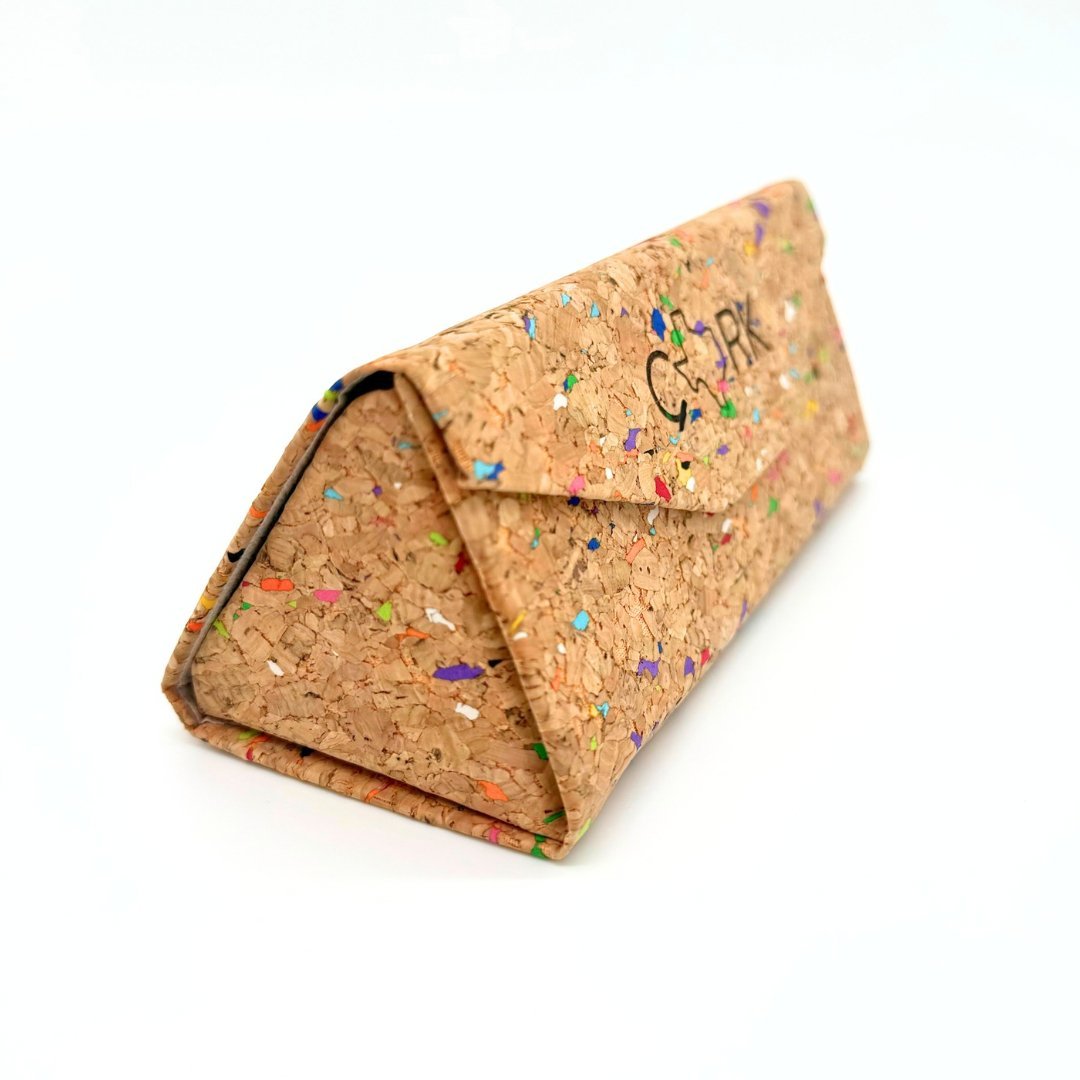 Cork leather glasses case in confetti cork design fully set up by Texas Cork Company