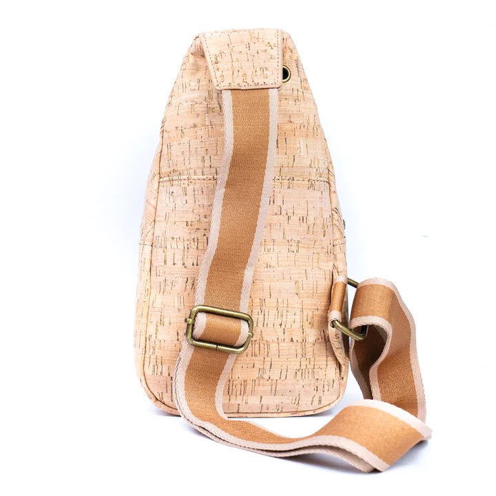 Back view of printed rustic cork chest sling bag from Texas Cork Company