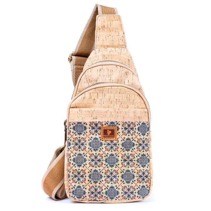 Front view of printed rustic cork chest sling bag - Cool Tiles - from Texas Cork Company