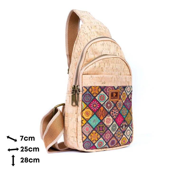 Dimensions of printed rustic cork chest sling bag from Texas Cork Company