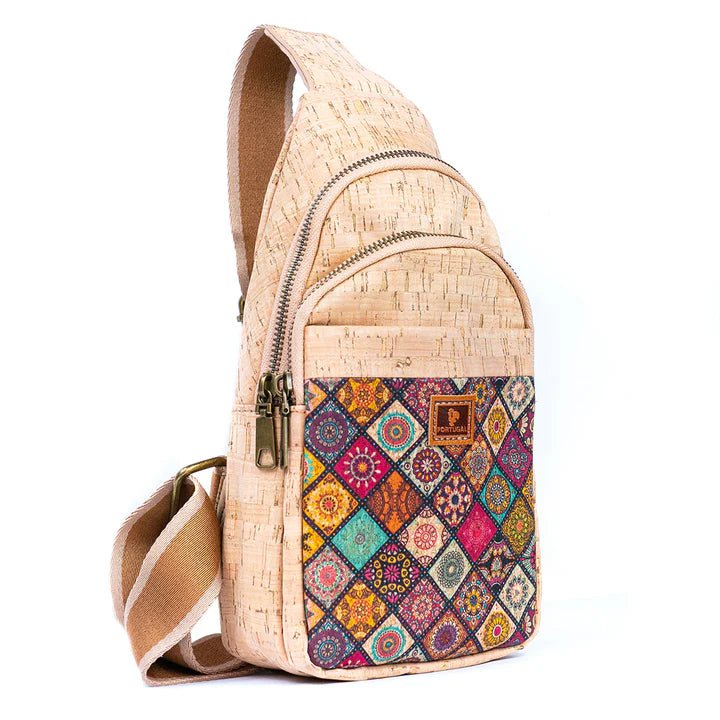 Side view of printed rustic cork chest sling bag from Texas Cork Company