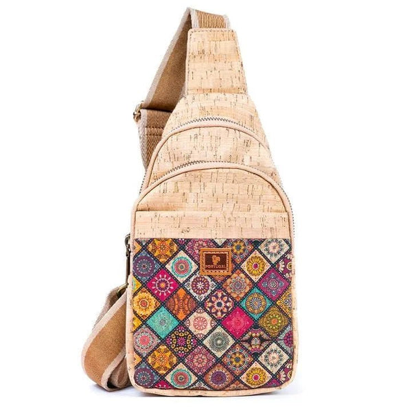 Front view of printed rustic cork chest sling bag - Traditional - from Texas Cork Co