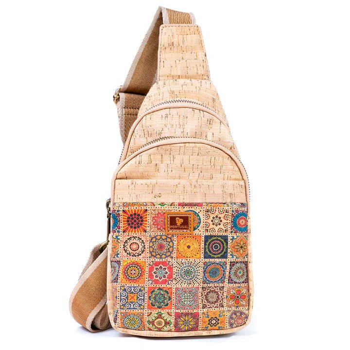 Front view of printed rustic cork chest sling bag - Warm Tiles - from Texas Cork Company