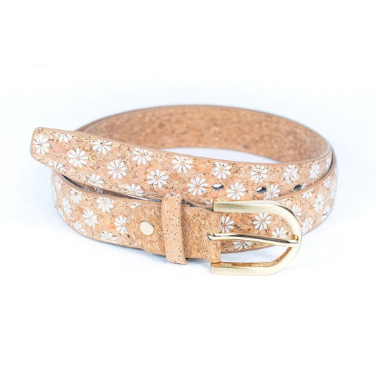 Rolled up Daisies Womens Adjustable Vegan Cork Belt with Gold Buckle from Texas Cork Company