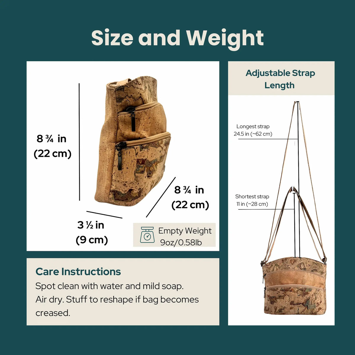 Dallas cork crossbody size and weight information with a cork bag illustration on a green background