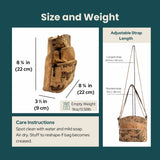 Dallas cork crossbody size and weight information with a cork bag illustration on a green background