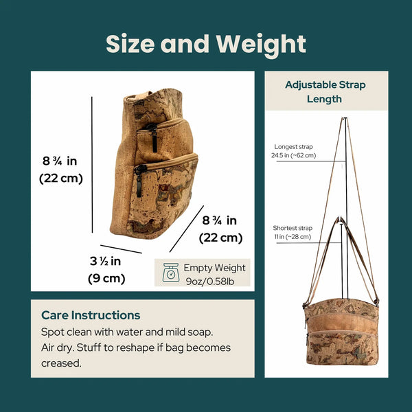 Dallas cork crossbody size and weight information with a cork bag illustration on a green background