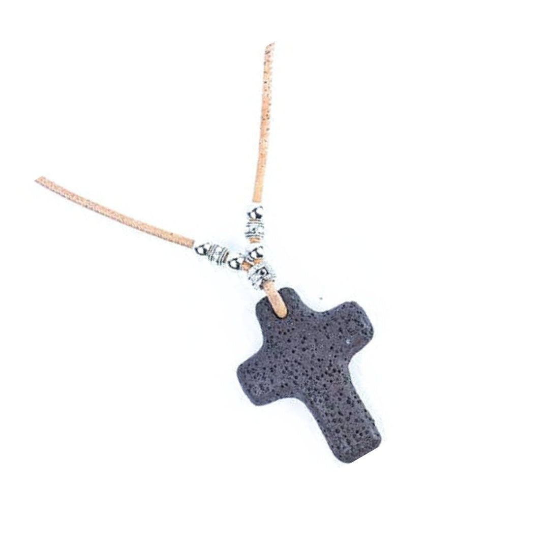 Dark brown volcanic stone cross on handmade cork necklace from Texas Cork Company