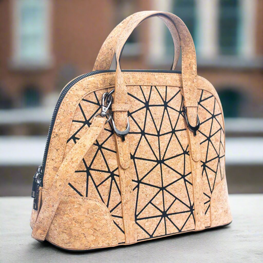 Front view of Geometric Convertible Purse from Texas Cork Company sitting on a table