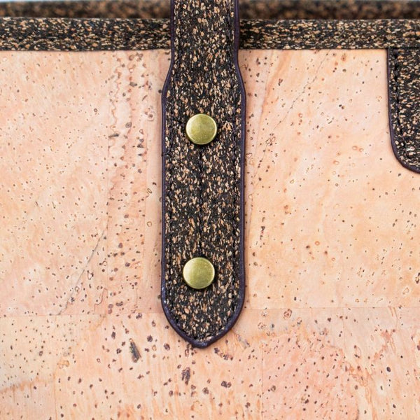 Close up of coffee cork riveted onto the natural cork body of the Eco Minimalist Cork Tote Bag
