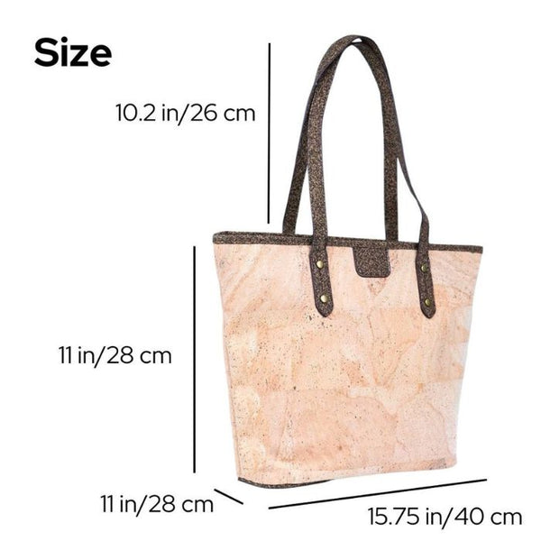 Dimensions of the Eco Minimalist Cork Tote Bag on a white background