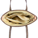 Inside view showing zippered divider, zippered inside pocket and 2 slip pockets.