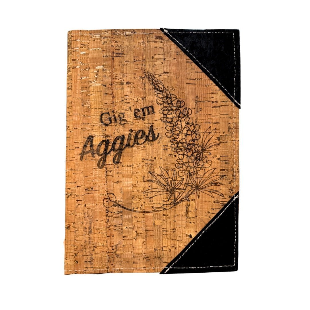 Engraved Cork Leather Notebook Cover with Refillable Notepad - Small - Gig 'em Aggies by Texas Cork Company