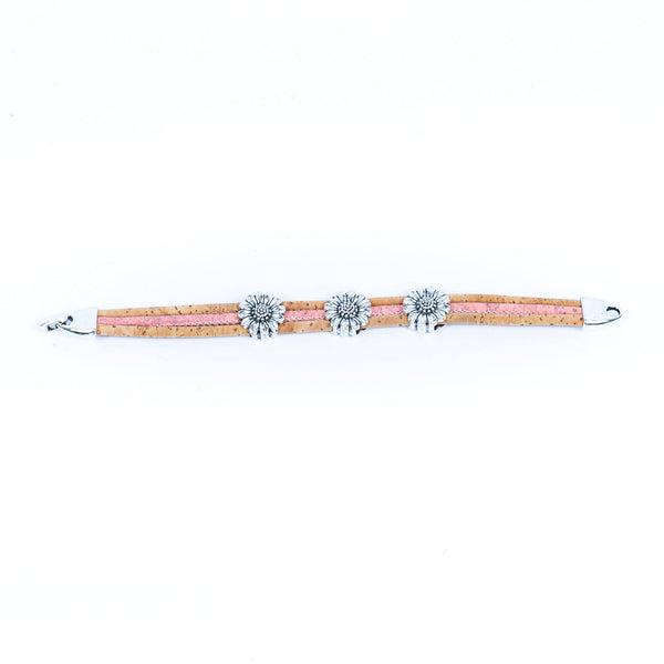Cork bracelet with chrysanthemum accents layed out flat from Texas Cork Company