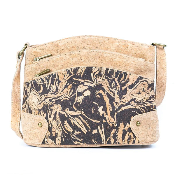 Front of three-line zipper cork crossbody bag dark roast