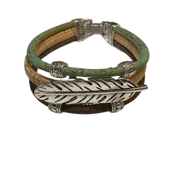 Green, natural, brown 3 Layer cork cord bracelet with feather charm from Texas Cork Company