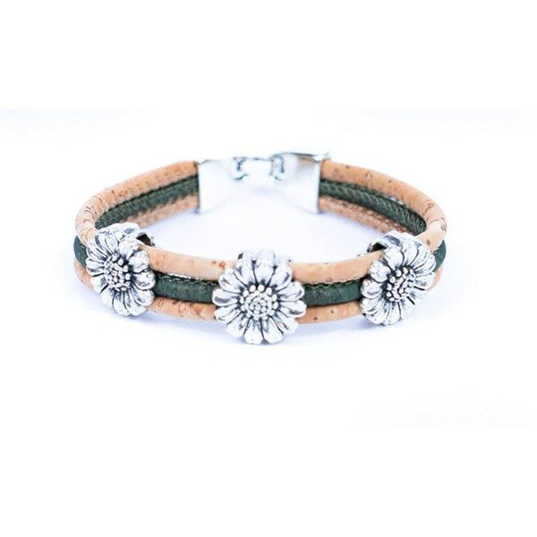 Front of green cork bracelet with chrysanthemum accents from Texas Cork Company